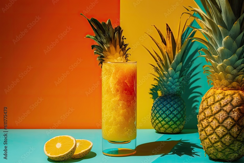 two pineapples and a glass of orange juice on a wooden table. Generative AI