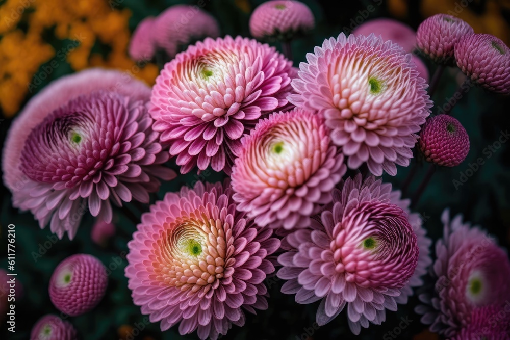 close-up view of vibrant pink flowers in bloom. Generative AI