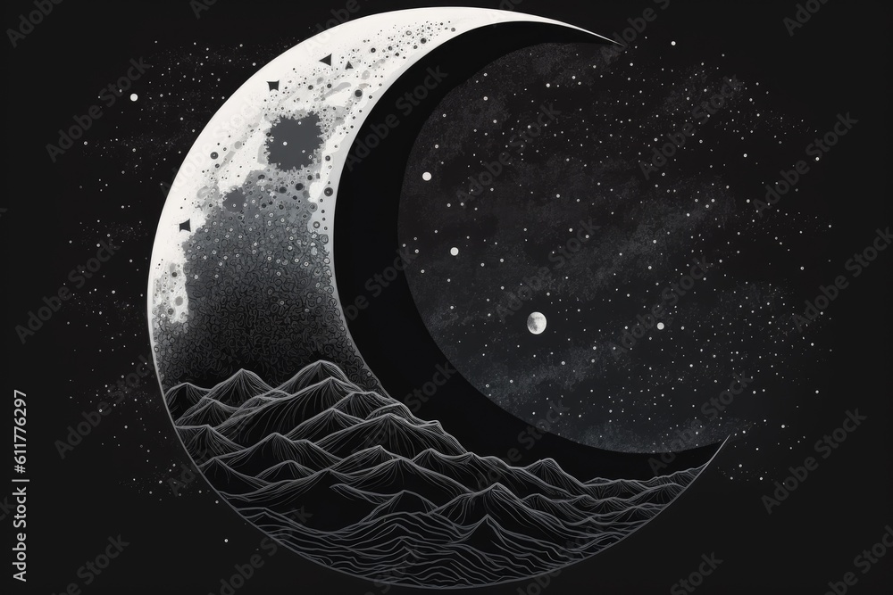 crescent moon with a mountainous landscape and starry sky. Generative AI