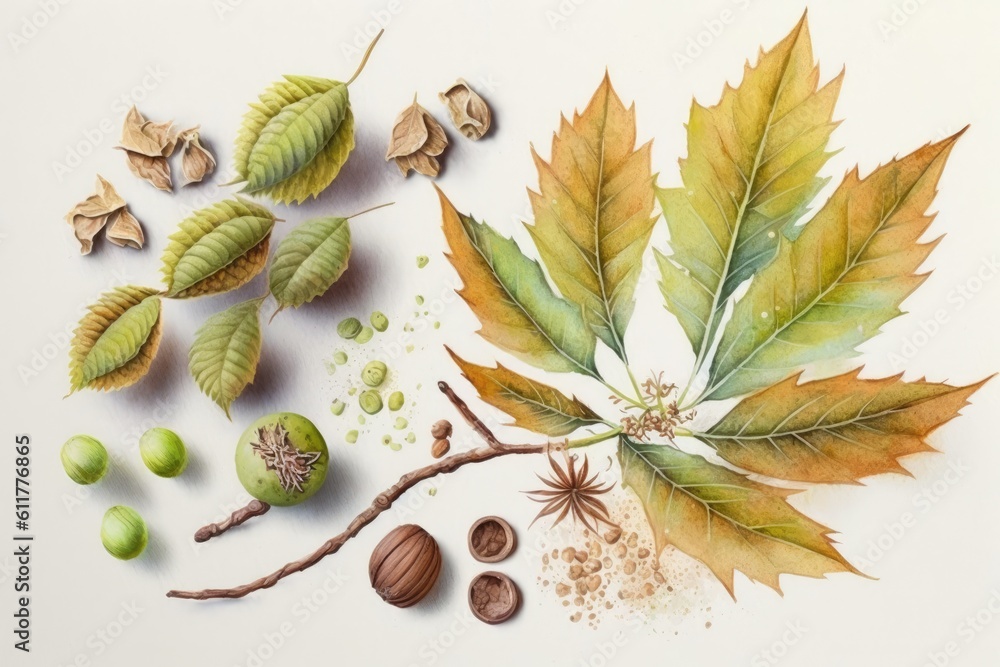 botanical study of leaves, nuts, and seeds. Generative AI