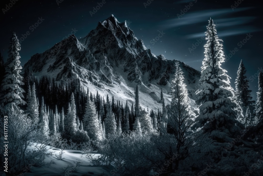 Snowy Mountain Landscape at Night with Pine Trees. Generative AI