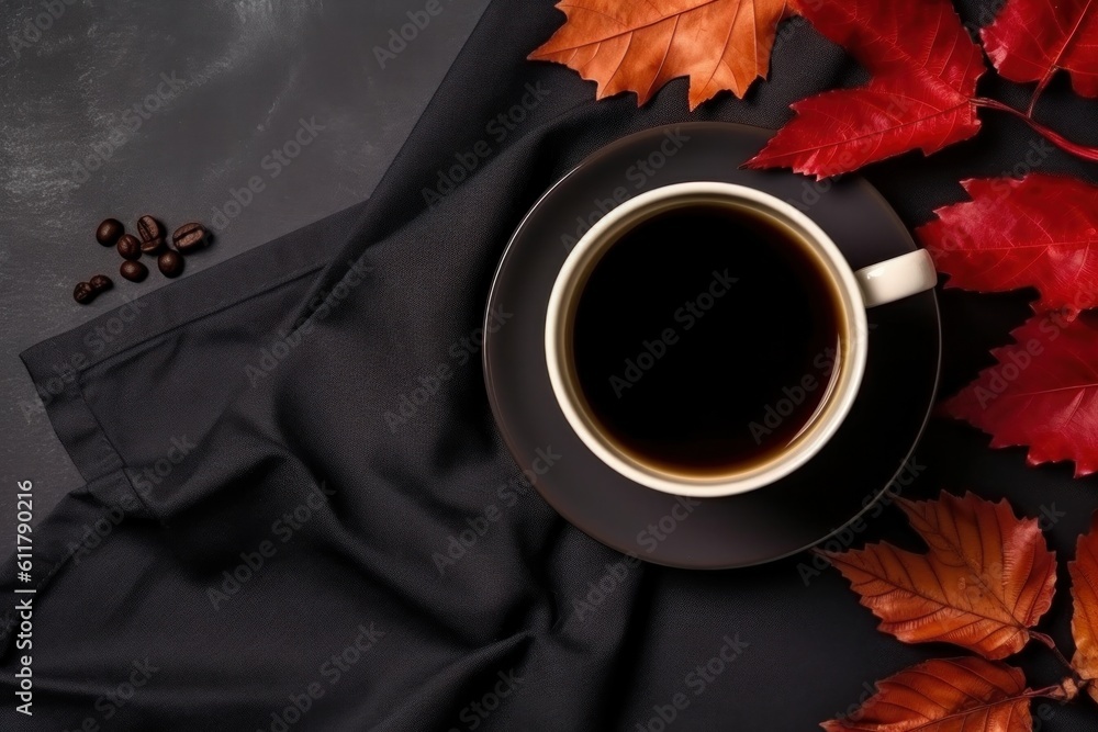 Autumn cozy background with coffee. Illustration AI Generative.