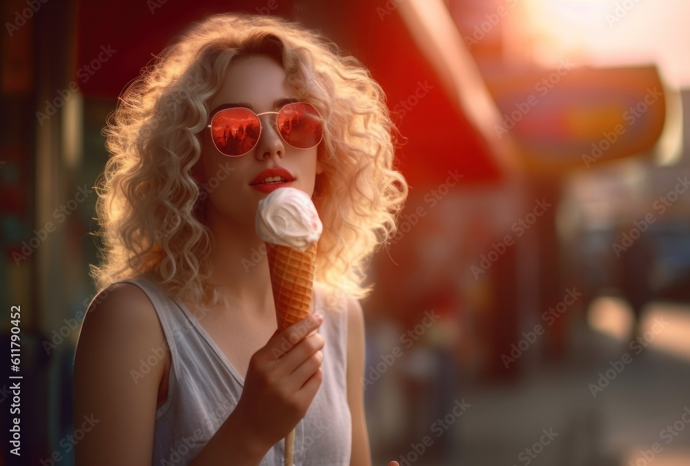 Girl with ice cream. Illustration AI Generative.