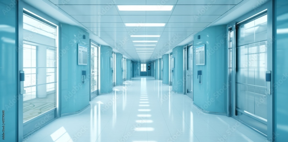 Modern hospital corridor. Illustration AI Generative