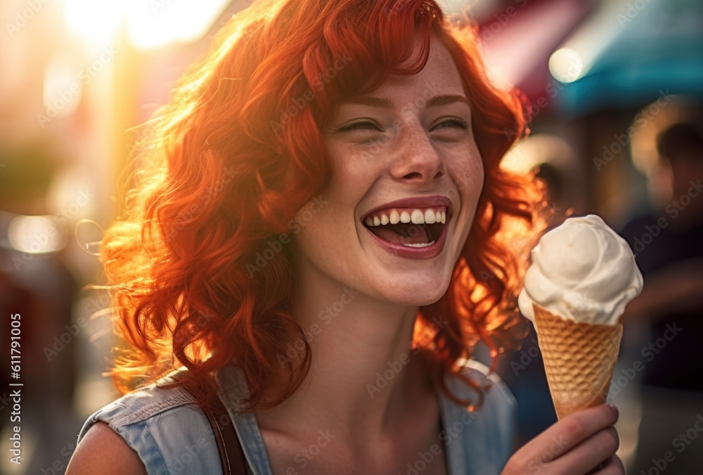 Girl with ice cream. Illustration AI Generative.