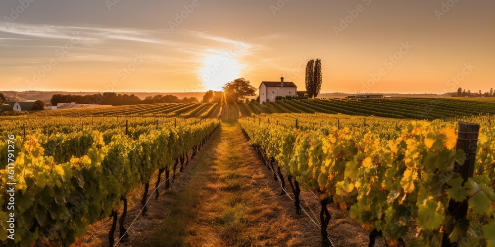 Charming Vineyard at Sunset - A charming vineyard bathed in the warm glow of sunset  Generative AI D