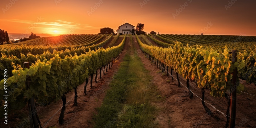 Charming Vineyard at Sunset - A charming vineyard bathed in the warm glow of sunset  Generative AI D