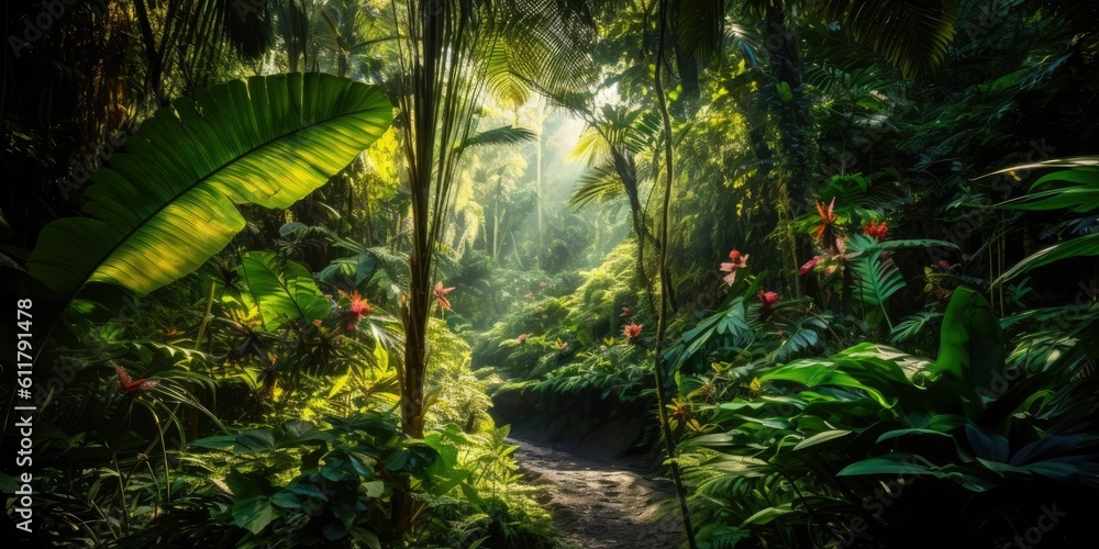 lush tropical rainforest teeming with vibrant foliage, exotic flowers, and the chorus of chirping bi