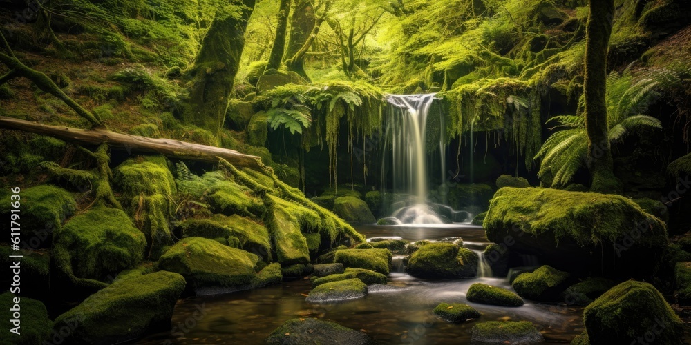 enchanted forest waterfall flowing through a lush and verdant forest, surrounded by moss-covered roc