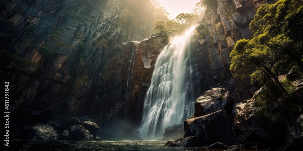 majestic waterfall cascading down rugged cliffs, sending sprays of mist into the air  Generative AI 