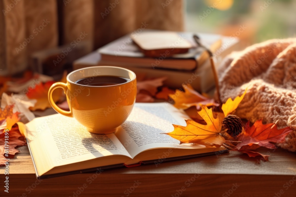 Autumn cozy background with coffee. Illustration AI Generative.