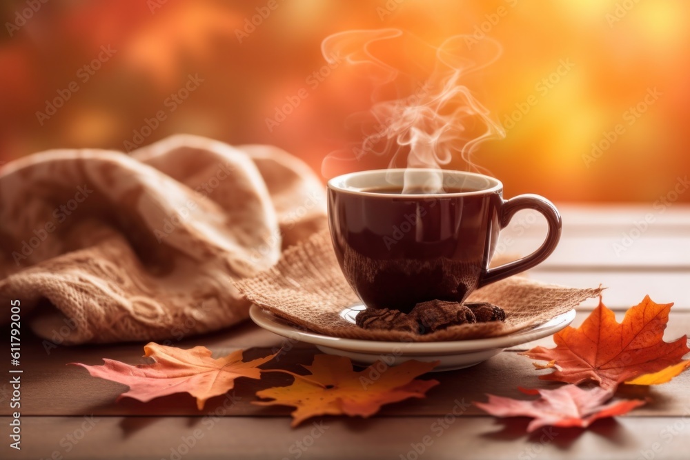 Autumn cozy background with coffee. Illustration AI Generative.