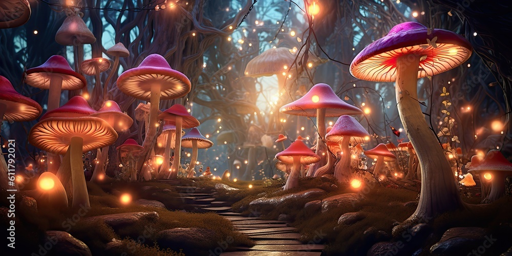 whimsical forest filled with colorful and oversized mushrooms, creating a magical and enchanting atm