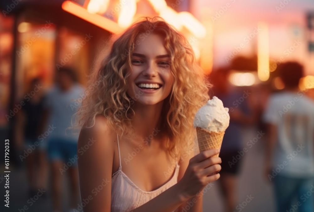 Girl with ice cream. Illustration AI Generative.