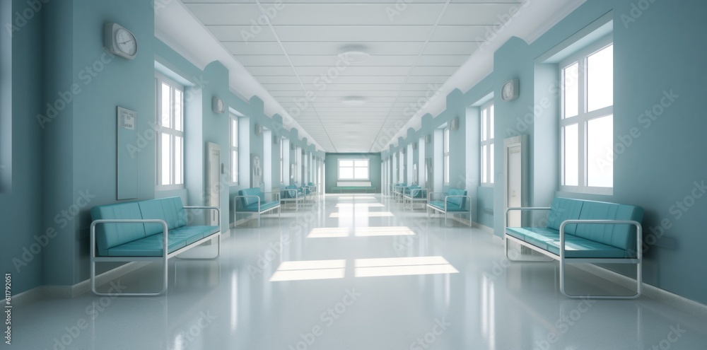 Modern hospital corridor. Illustration AI Generative