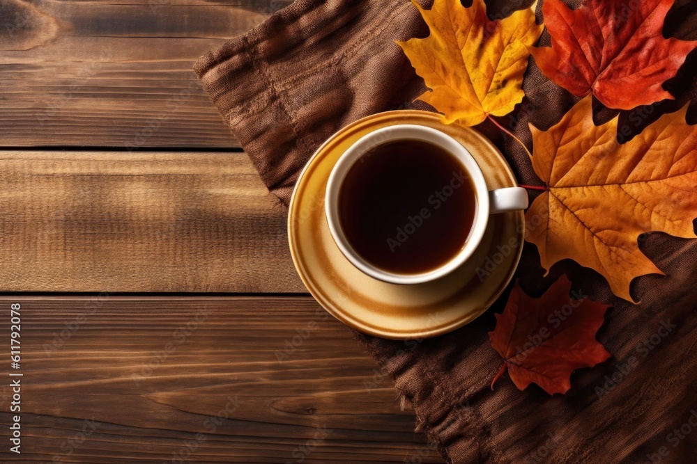 Autumn cozy background with coffee. Illustration AI Generative.