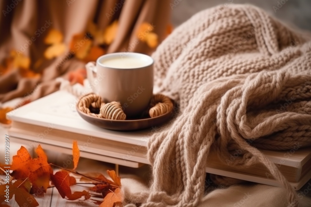 Autumn cozy background with coffee. Illustration AI Generative.