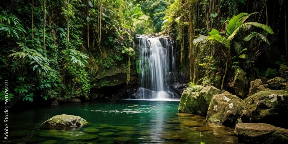 hidden gem nestled deep within a lush rainforest, a tropical waterfall cascades down a rocky cliff  