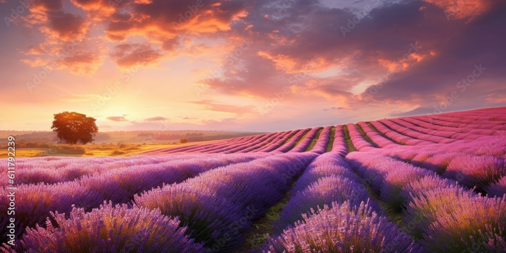 Rolling hills are blanketed in vibrant lavender blooms, stretching to the horizon  Generative AI Dig