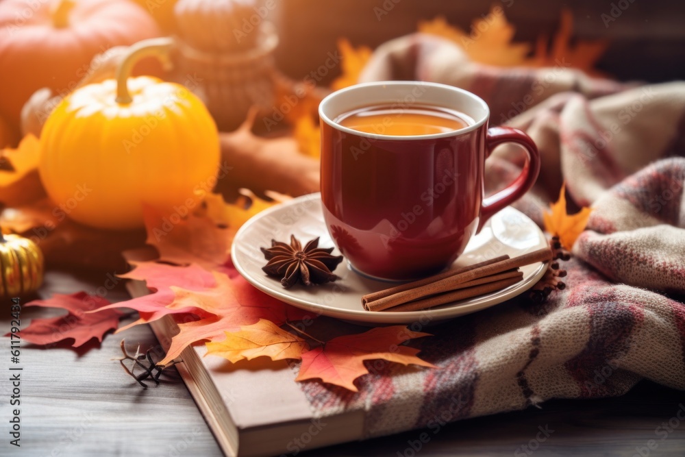 Autumn cozy background with coffee. Illustration AI Generative.