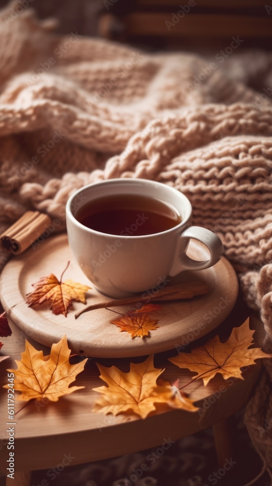 Autumn cozy background with coffee. Illustration AI Generative.