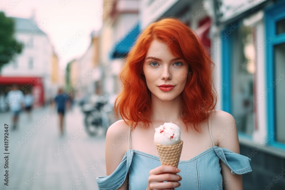 Girl with ice cream. Illustration AI Generative.