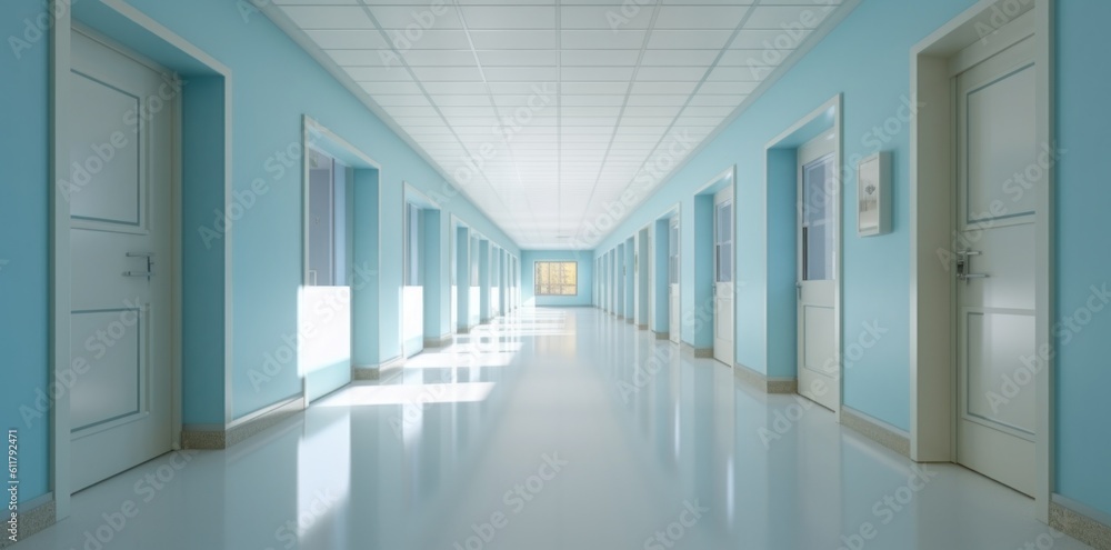 Modern hospital corridor. Illustration AI Generative