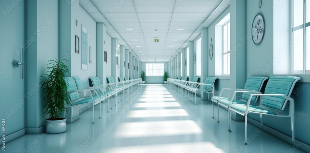 Modern hospital corridor. Illustration AI Generative