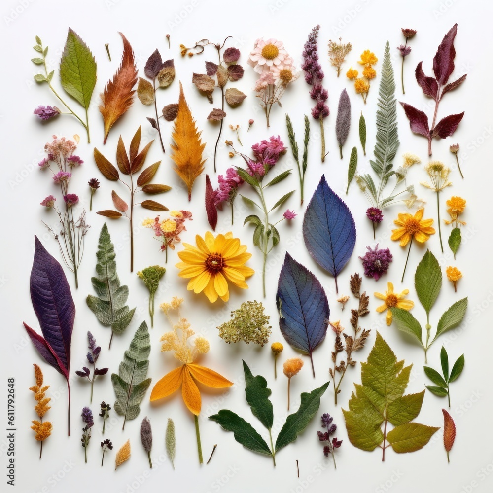 Assortment leaves and flowers. Illustration AI Generative.