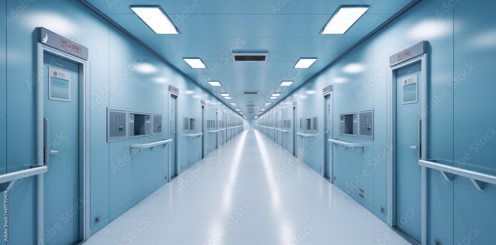 Modern hospital corridor. Illustration AI Generative