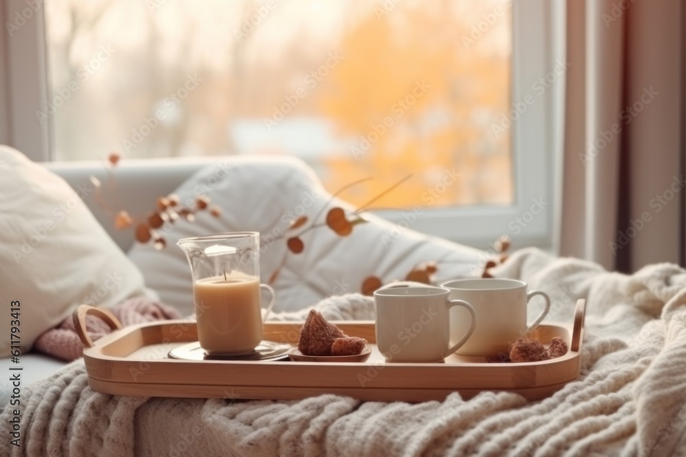 Breakfast over sofa in morning sunlight. Autumn cozy background. Illustration AI Generative.