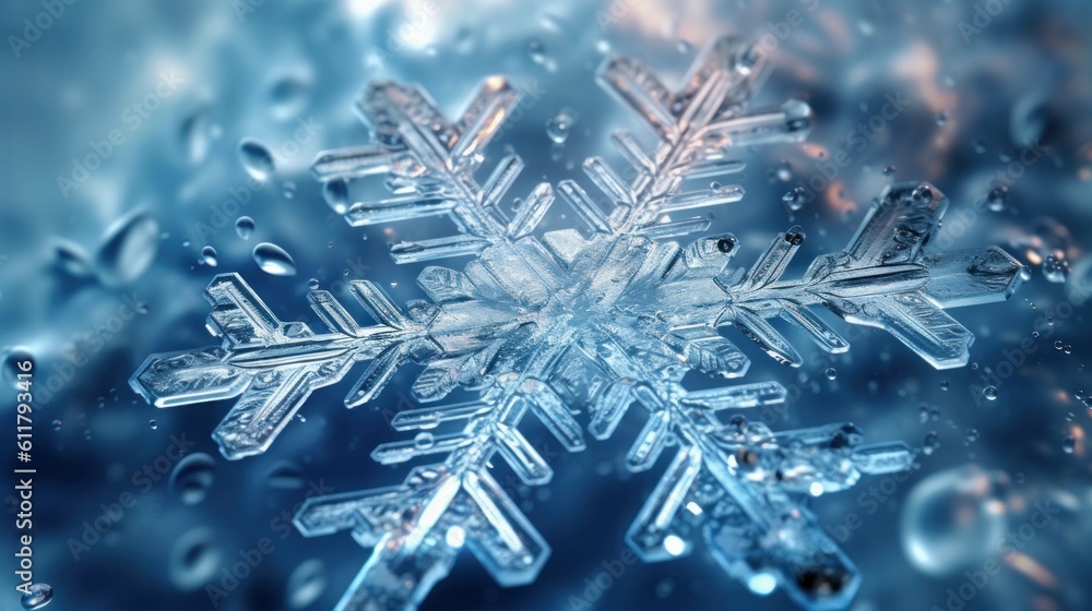 Macro beautiful snowflakes background. Illustration AI Generative.