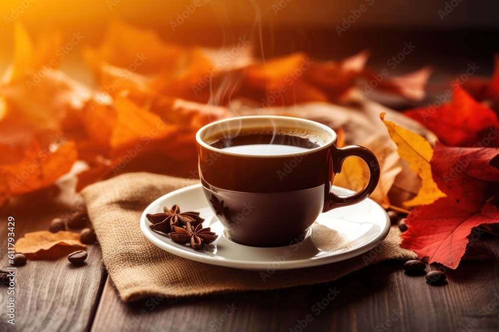 Autumn cozy background with coffee. Illustration AI Generative.