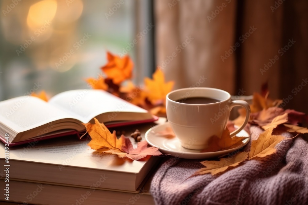 Autumn cozy background with coffee. Illustration AI Generative.