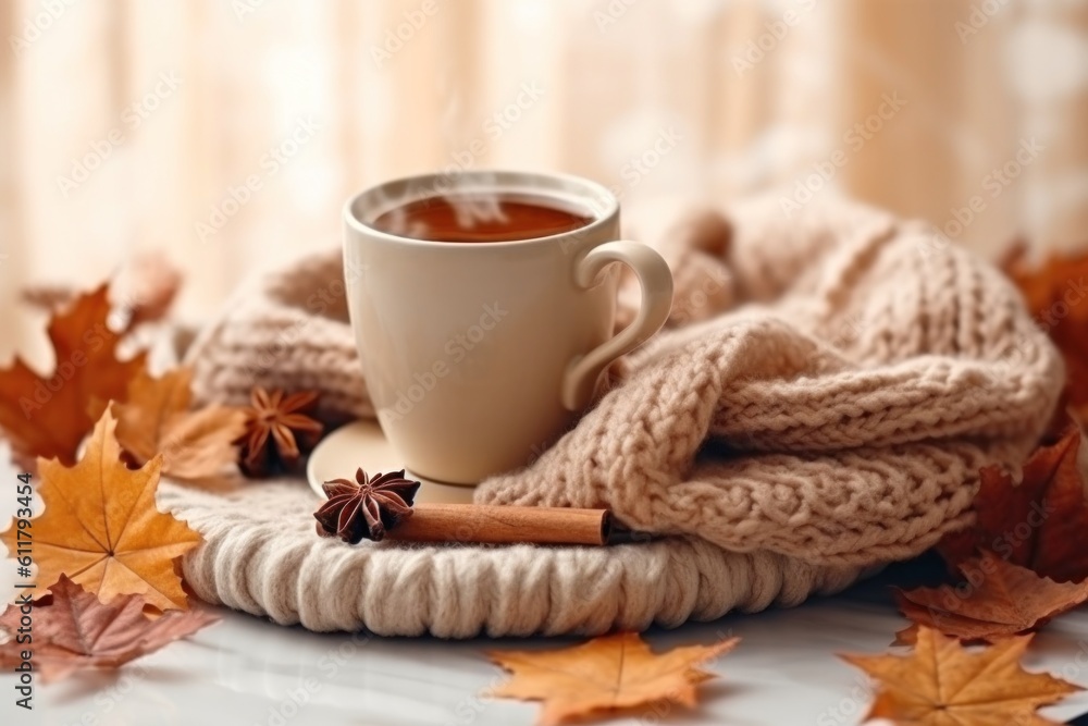 Autumn cozy background with coffee. Illustration AI Generative.