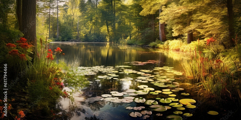 A peaceful pond nestles within a tranquil forest,  Generative AI Digital Illustration Part#110623