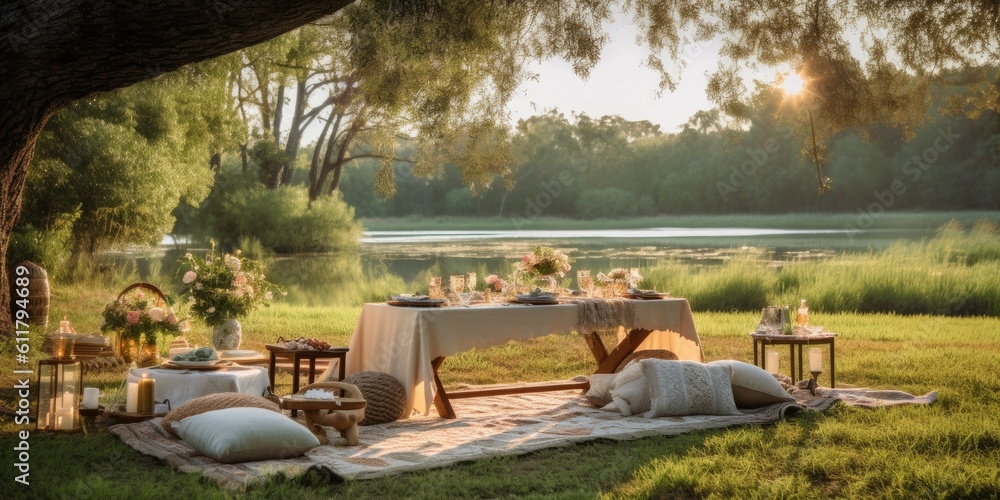 Picnic in Paradise Set up a delightful picnic in a secluded meadow surrounded by wildflowers and lus