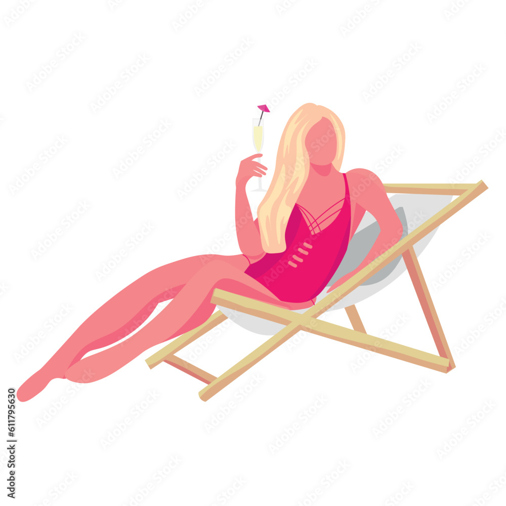 Beautiful woman with cocktail relaxing on deck chair against white background 