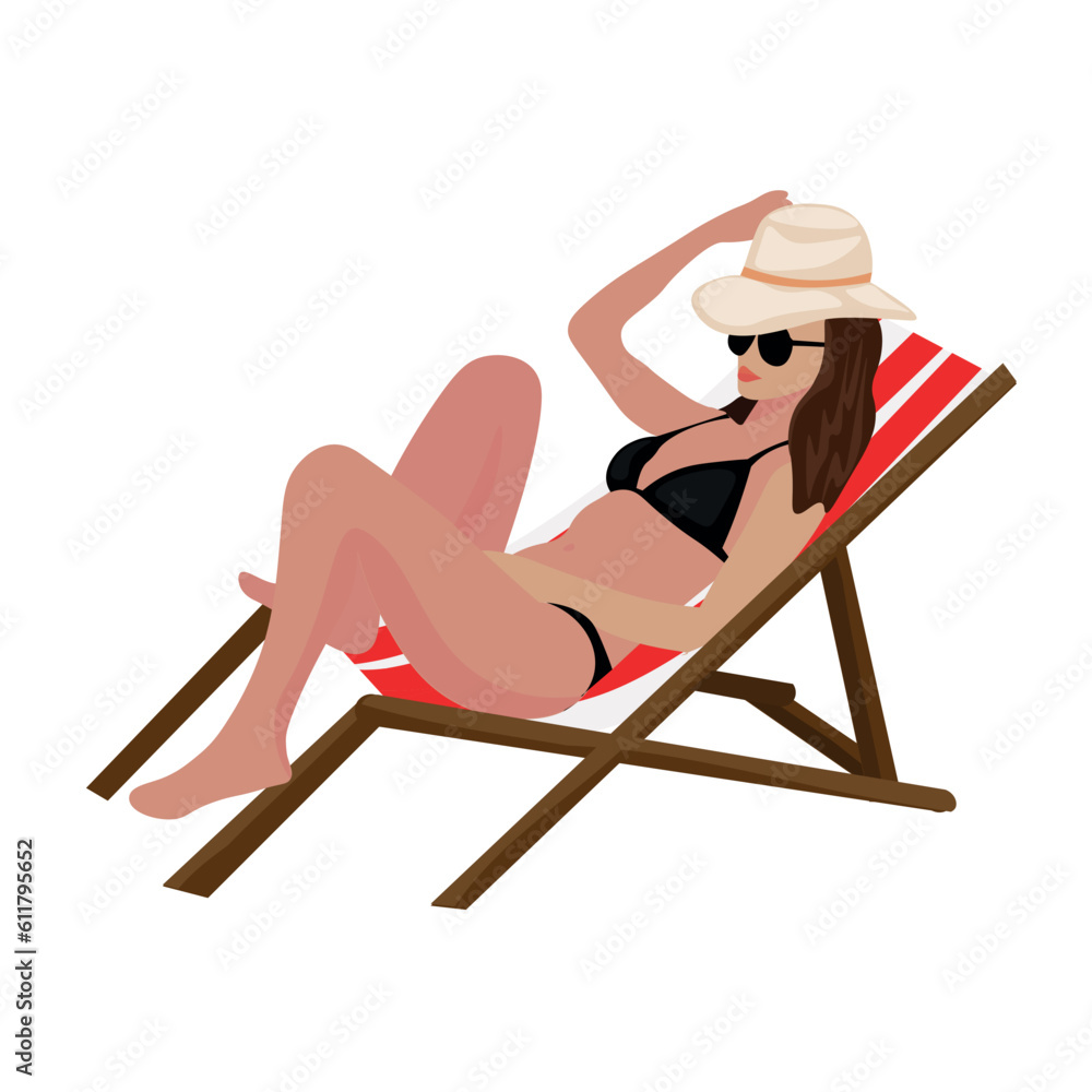 Woman relaxing on deck chair against white background