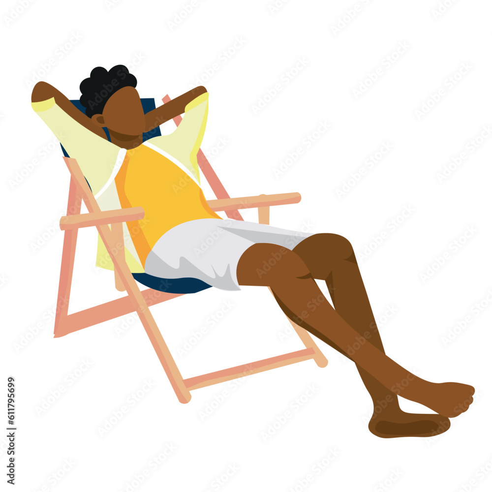 African-American man relaxing on deck chair against white background