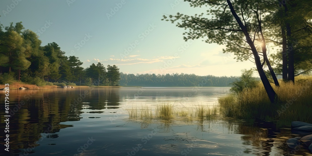 tranquil lakeside scene with a gentle breeze causing ripples on the water  Generative AI Digital Ill