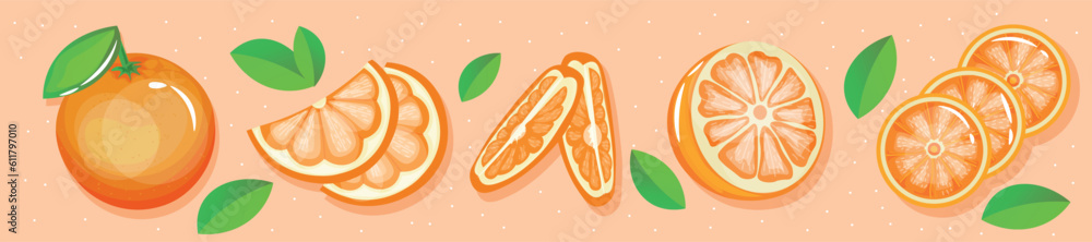 Set of ripe oranges on color background