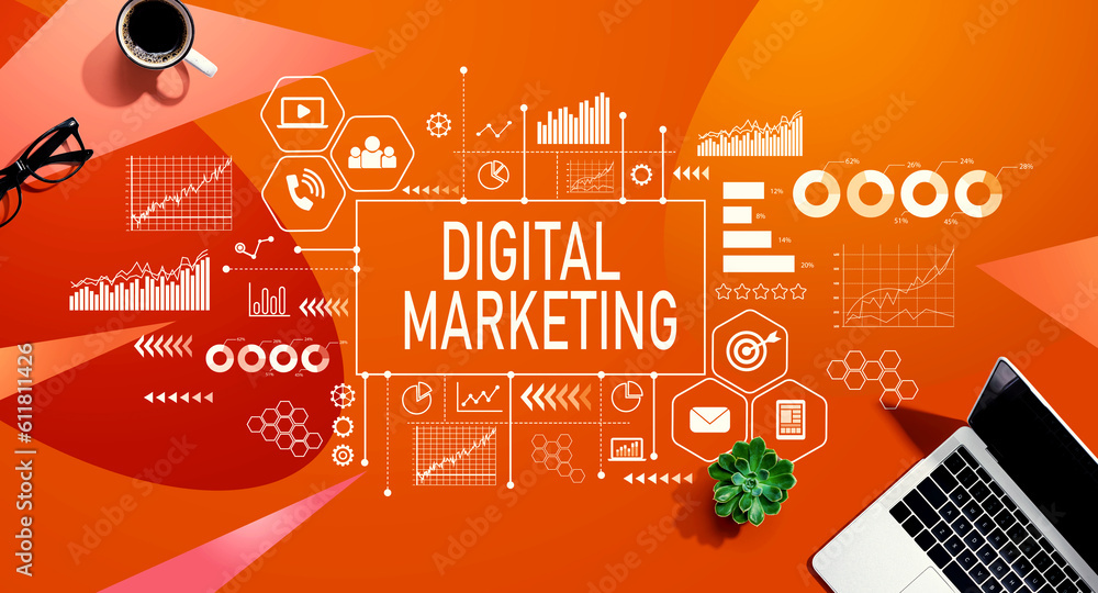 Digital marketing with a laptop computer on a orange pattern background