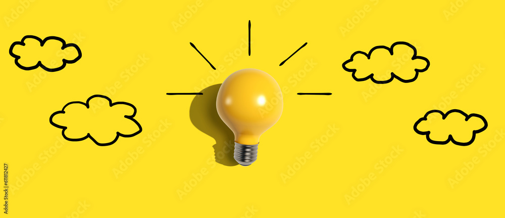 Yellow light bulb with cloud sketches - Flat lay