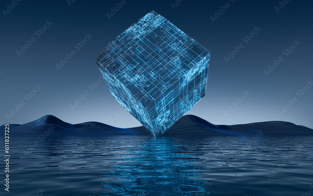 Digital cube and water surface background, 3d rendering.