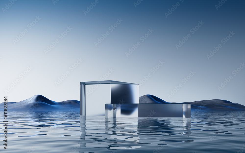 Transparent glass stage with water background, 3d rendering.