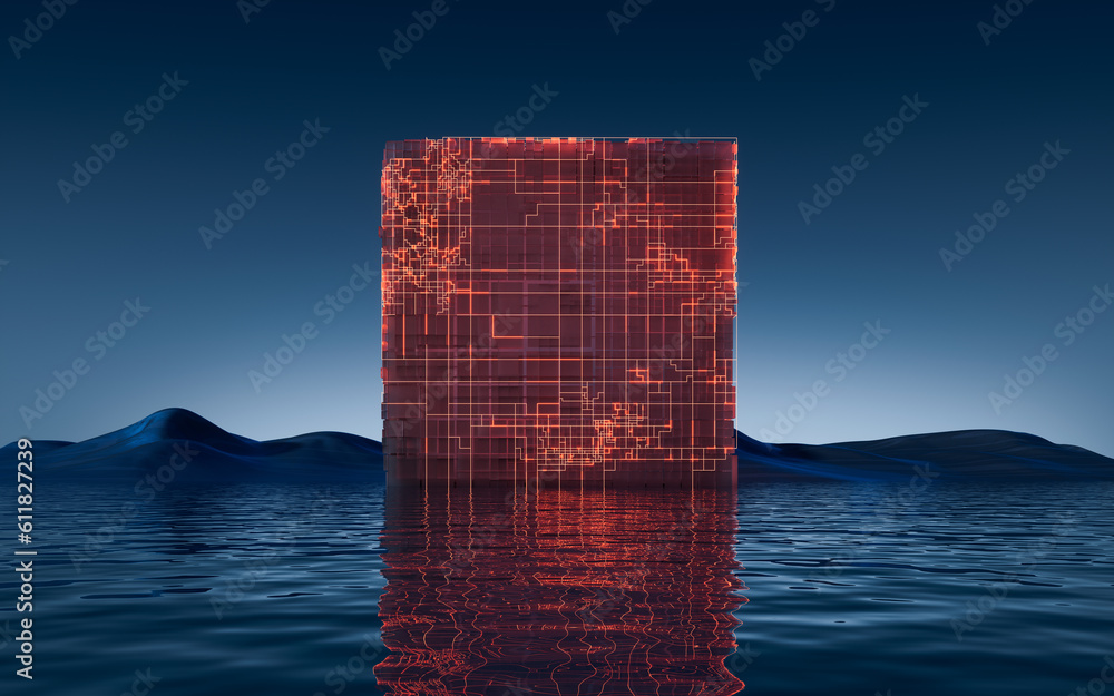 Digital cube and water surface background, 3d rendering.