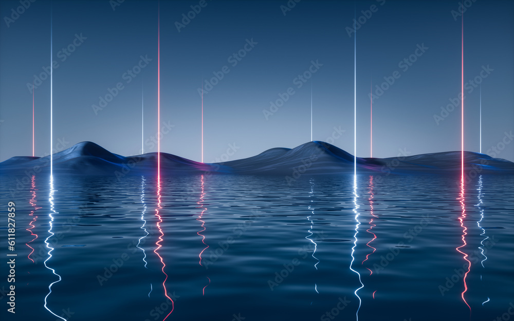 Dark lake with glowing neon lines, 3d rendering.