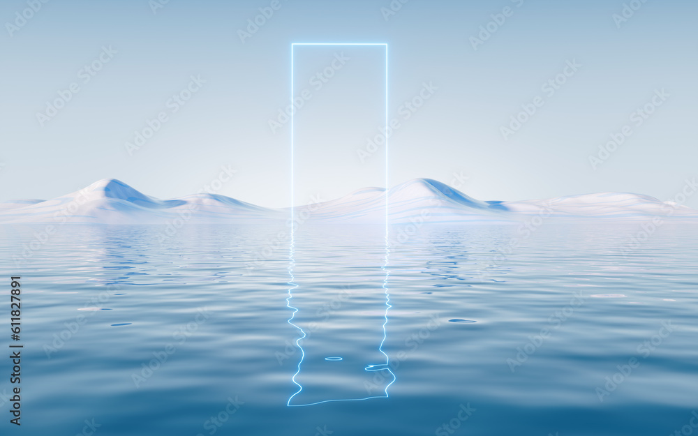 Water surface with glowing neon lines, 3d rendering.