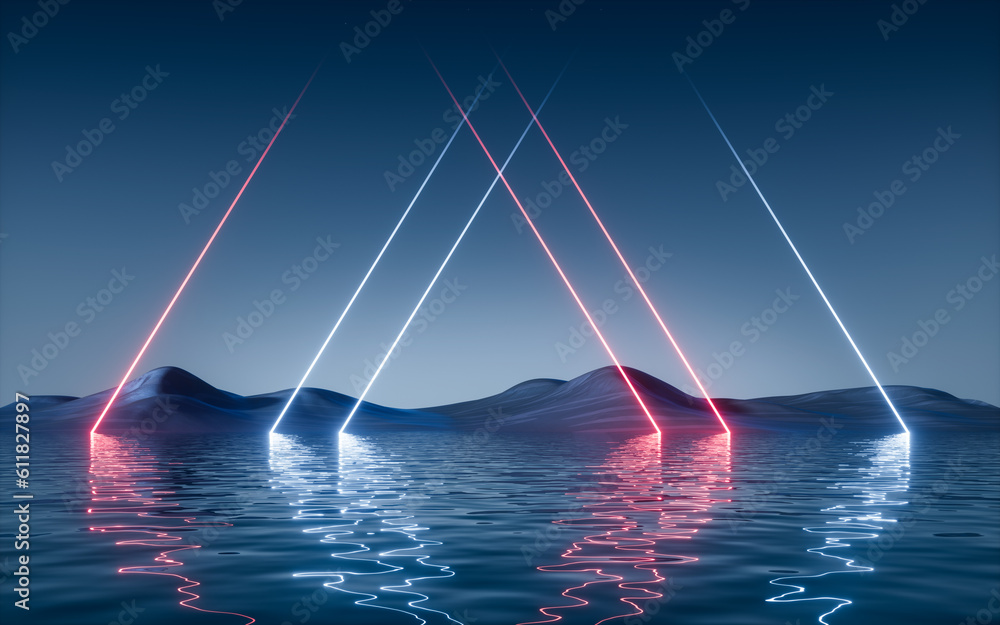 Dark lake with glowing neon lines, 3d rendering.